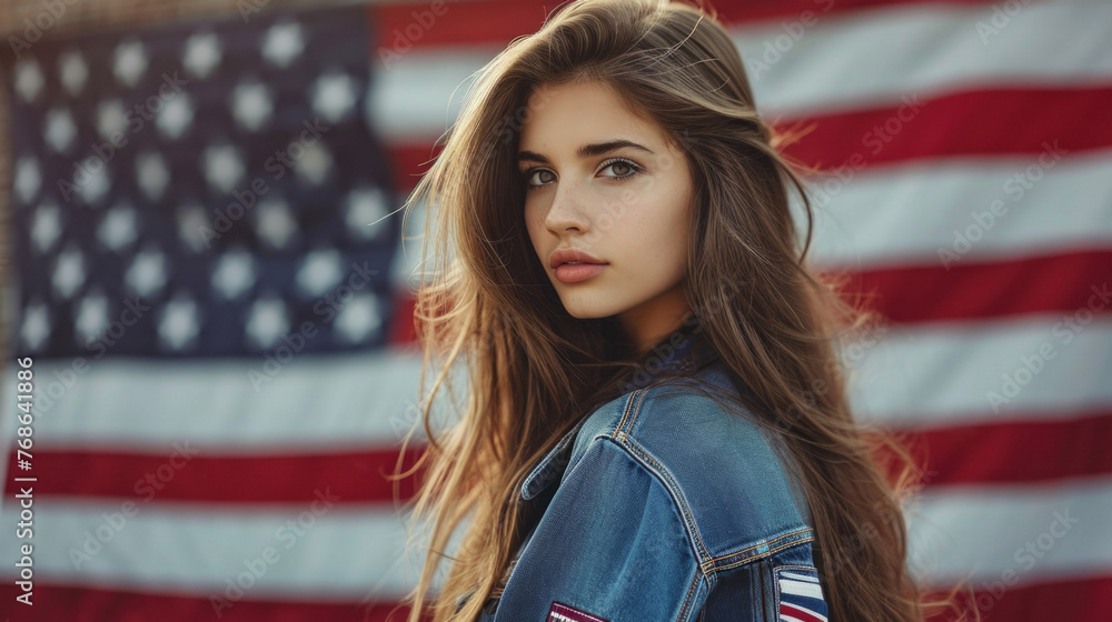 Beautiful girl in front of a flag of the United States Beautiful girl in front of a flag of the United States