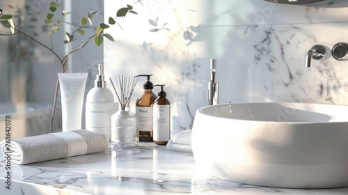 Cosmetics bottlesle countertop in modern bathroom  closeup