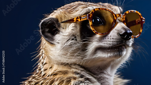 portrait of a meerkat wearing sunglasses on a dark blue background