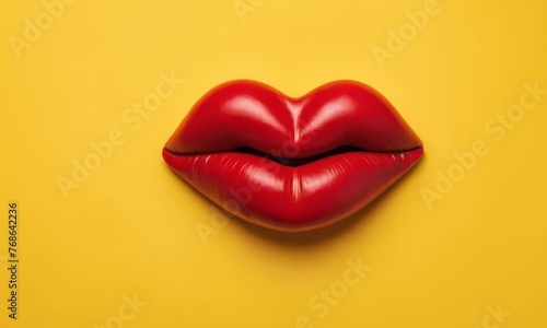 A sensuous pair of glossy red lips, full and inviting, stand out on a bright yellow backdrop, an iconic symbol of allure and romance. AI generation