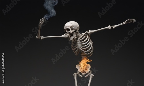 A dynamic depiction of a dancing skeleton with flames igniting from its feet, suggesting a dance with danger or a passionate expression of freedom. AI generation