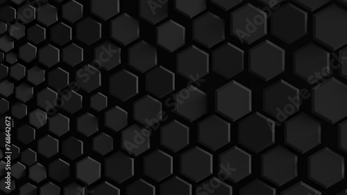 Abstract black hexagon background with different size blocks; honeycomb pattern texture, 3d rendering, 3d illustration