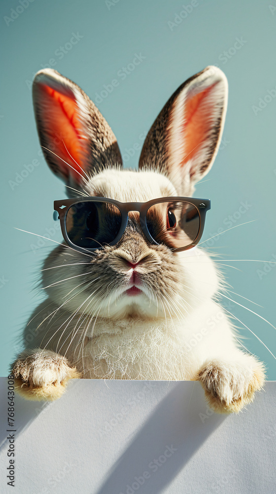 Сute white rabbit in sunglasses holds a blank white sheet with his paws