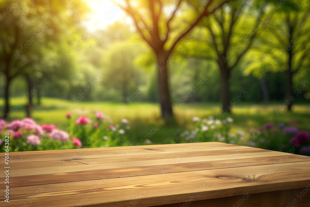 A close up of a wooden table with a tree in the background. Spring background. A close up of a wooden table with a tree in the background. Spring background.