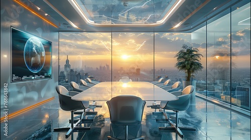 A futuristic meeting room with a large interactive screen display, sleek furniture in chrome and white and a panoramic window overlooking a cityscape. Generative AI.