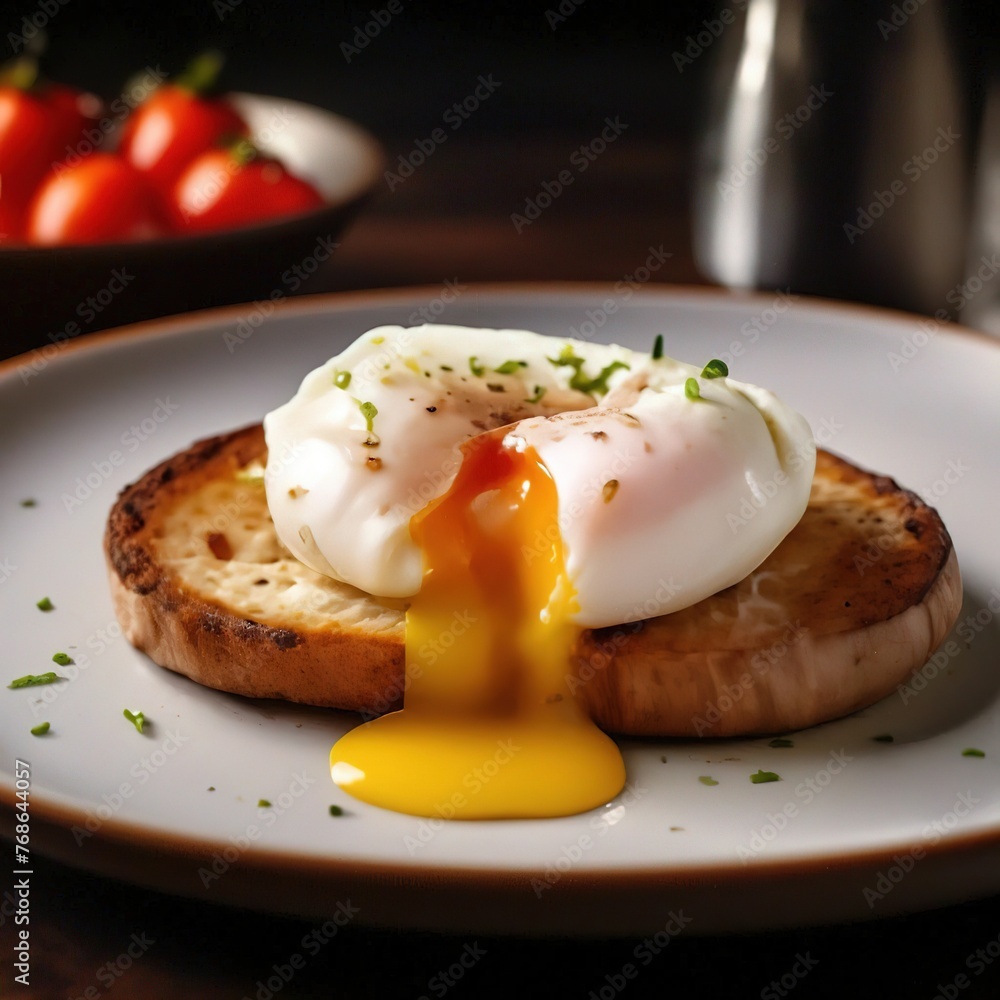 poached egg cut on a piece of bread on a plate. poached egg cut on a piece of bread on a plate.