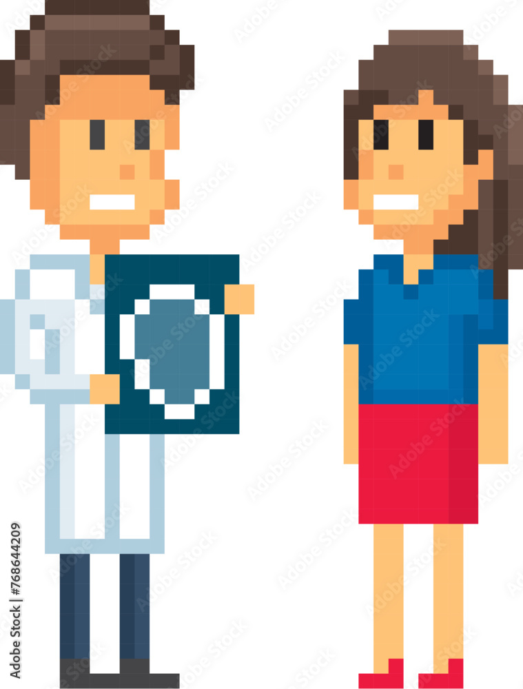 Obraz premium Doctor and patient. 8-bit sprite. isolated vector illustration. Design for stickers, logo, embroidery, mobile app.