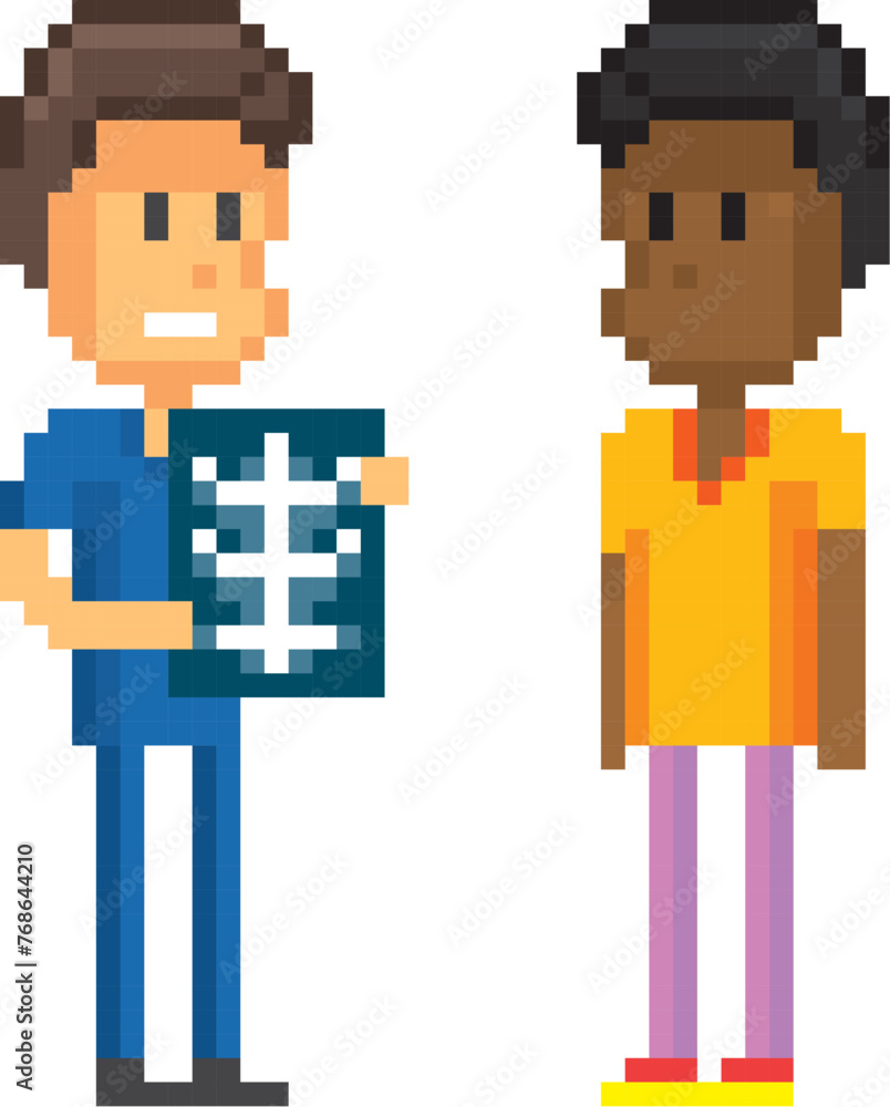Naklejka premium Doctor and patient. 8-bit sprite. isolated vector illustration. Design for stickers, logo, embroidery, mobile app.