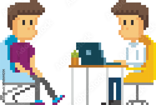 Doctor and patient. 8-bit sprite. isolated vector illustration. Design for stickers, logo, embroidery, mobile app.