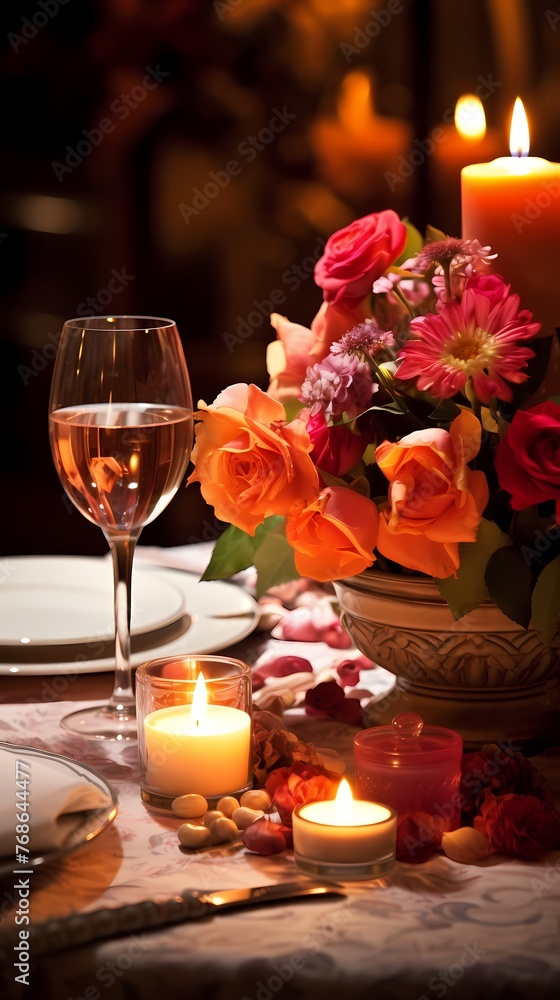 A romantic dinner setting with a scented candle flickering in the center of the table, surrounded by colorful flowers A romantic dinner setting with a scented candle flickering in the center of the table, surrounded by colorful flowers