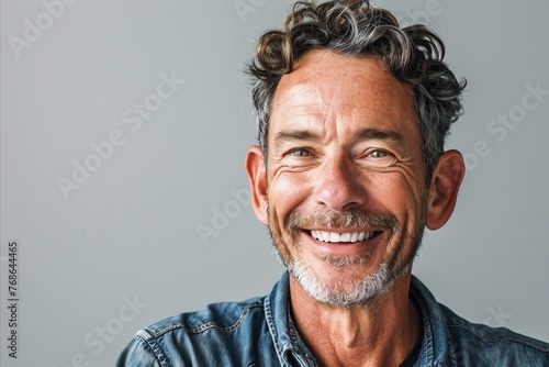 Portrait of a happy senior man smiling at the camera against grey background