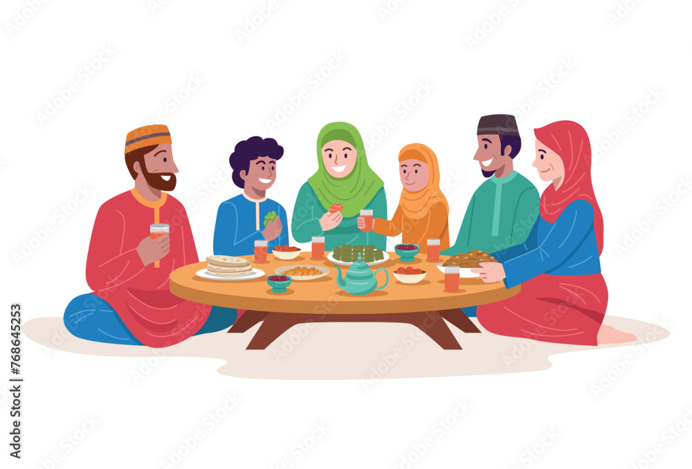 Families and friends celebrate Eid al-Fitr with dinners. - obrazy, fototapety, plakaty 