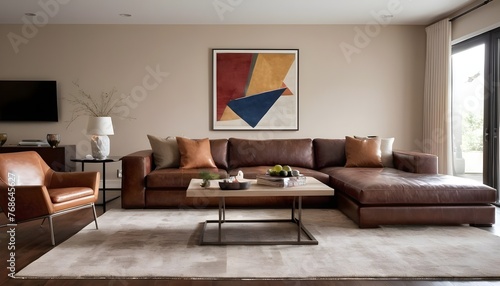 Sophisticated contemporary living room anchored by a rich brown leather sofa, exuding both elegance and comfort © Elegant Design & Art