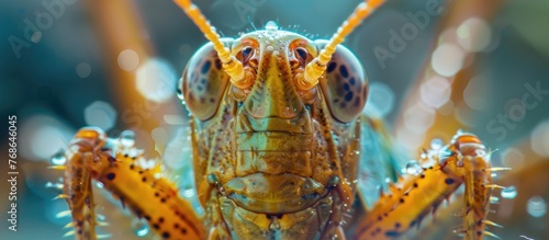 This close-up shot showcases a detailed view of a grasshopper bug, highlighting its intricate body structure and features. The grasshopper is seen in its natural habitat, displaying unique photo