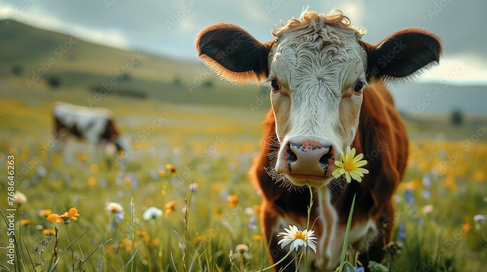 The cow is holding a flower in its mouth and looks very happy, A cow on the grassland. Generative AI.