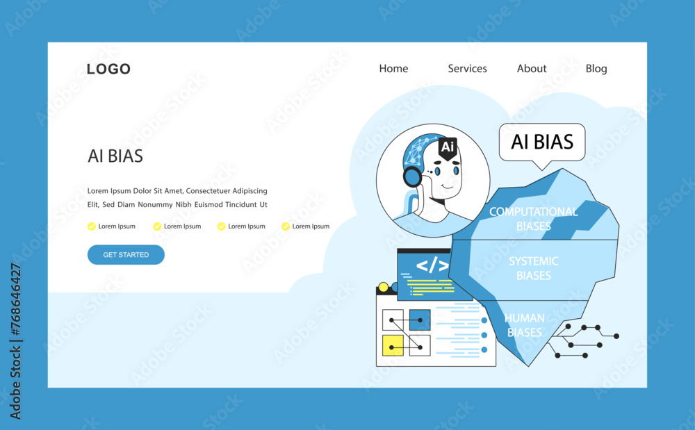 AI ethics web or landing. AI robotic character delineates the facets AI ethics web or landing. AI robotic character delineates the facets