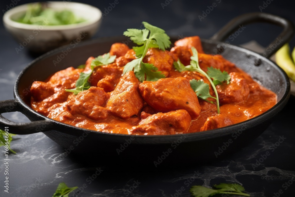 Delicious chicken tikka masala on a slate plate against a white marble background Delicious chicken tikka masala on a slate plate against a white marble background
