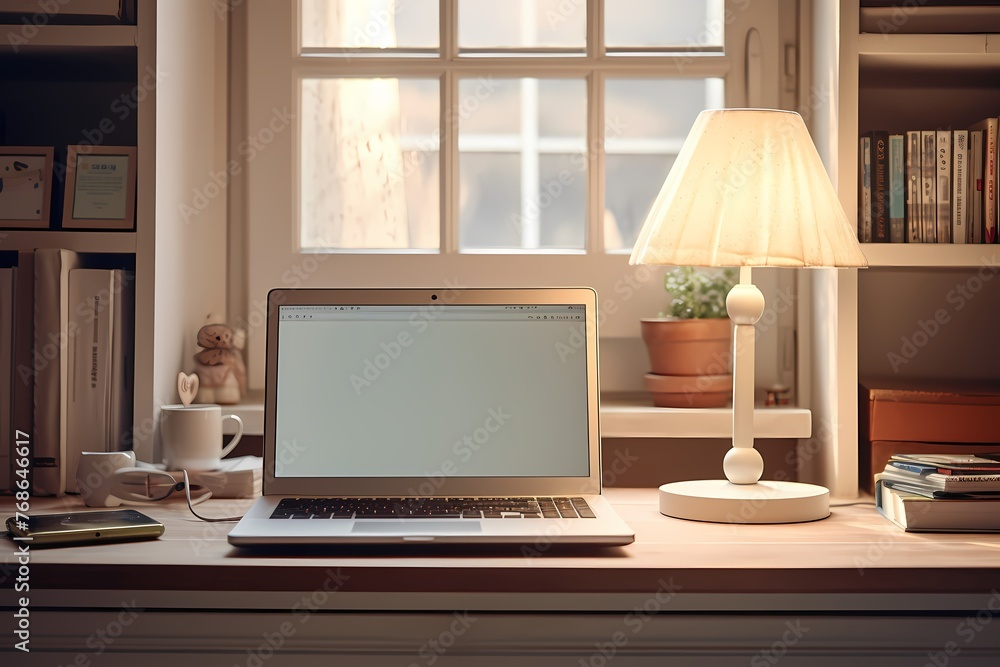 A laptop on a white surface, the soft lighting and muted colors contributing to a calm and organized atmosphere in a well-lit room. A laptop on a white surface, the soft lighting and muted colors contributing to a calm and organized atmosphere in a well-lit room.