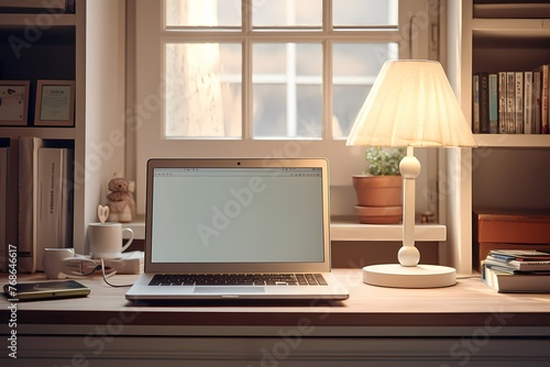 A laptop on a white surface, the soft lighting and muted colors contributing to a calm and organized atmosphere in a well-lit room. © stocks marketing