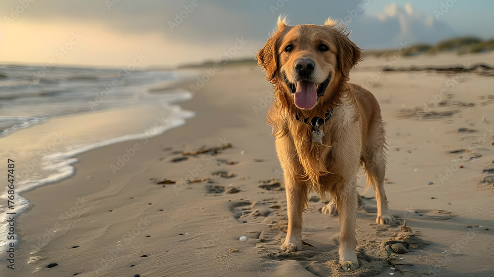 An energetic dog, with a sandy beach stretching into the distance as the background, during a sunny day at the seaside
