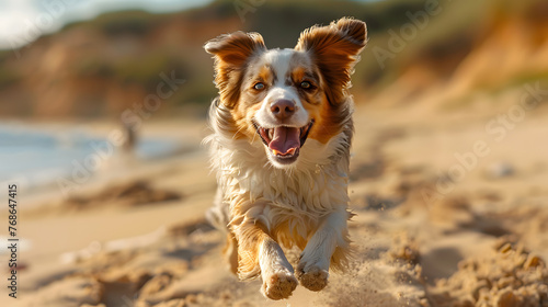 An energetic dog, with a sandy beach stretching into the distance as the background, during a sunny day at the seaside