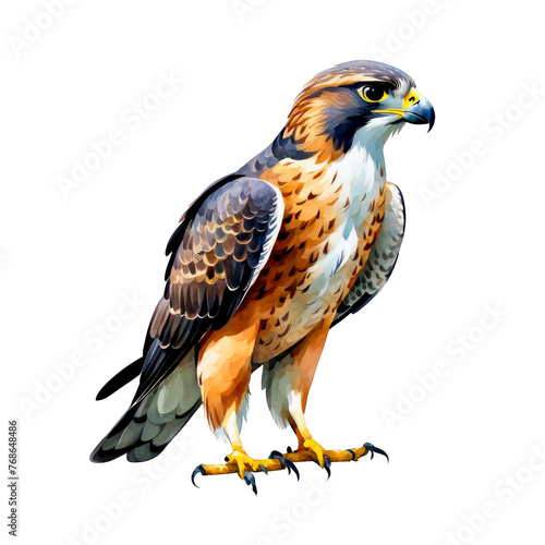 A falcon sitting watercolor illustration, wild animal, bird, clipart, for scrapbook, journal, cutout on white background, zoo, animal park, hand drawn style