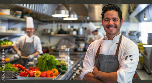 A smiling chef stands in the center of his modern kitchen, with professional cooking equipment and fresh vegetables on the counter