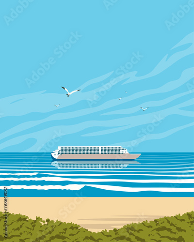 Cruise ship, tropical island, poster, banner, postcard, cover.