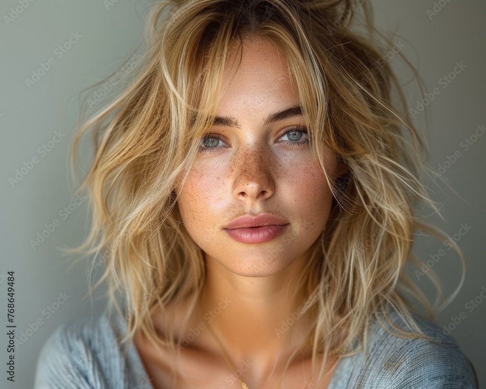 Close-up Portrait of a beautiful woman with blonde hair looking at the camera, freckles and green eyes, professional shooting, studio lighting, smiling Close-up Portrait of a beautiful woman with blonde hair looking at the camera, freckles and green eyes, professional shooting, studio lighting, smiling