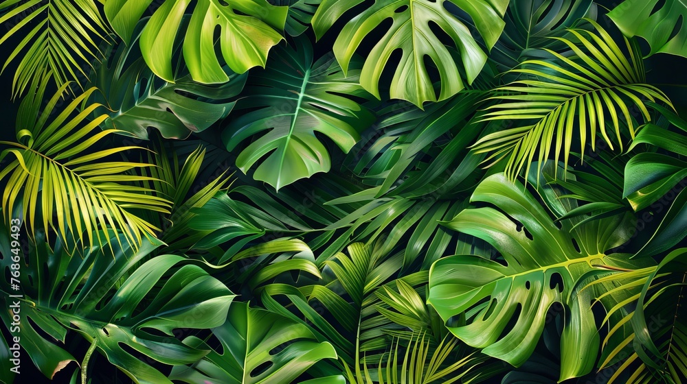 Tropical abstract design background with painted palm leaves, jungle foliage, and monstera leaves. Suitable for wallpapers and patterns in botanical, exotic, or tropical styles. Tropical abstract design background with painted palm leaves, jungle foliage, and monstera leaves. Suitable for wallpapers and patterns in botanical, exotic, or tropical styles.