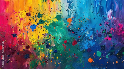 Vibrant paint splattered across the canvas, creating an abstract artwork.