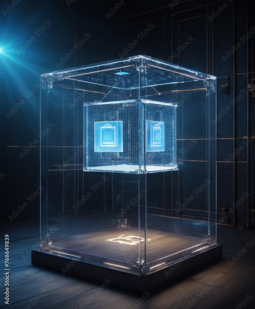 An intricate network pattern within a transparent, illuminated cube represents secure data exchange and protection. Its glow stands out in a shadowy environment, suggesting high-level cybersecurity - obrazy, fototapety, plakaty 