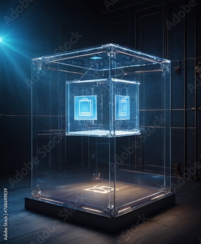 An intricate network pattern within a transparent, illuminated cube represents secure data exchange and protection. Its glow stands out in a shadowy environment, suggesting high-level cybersecurity