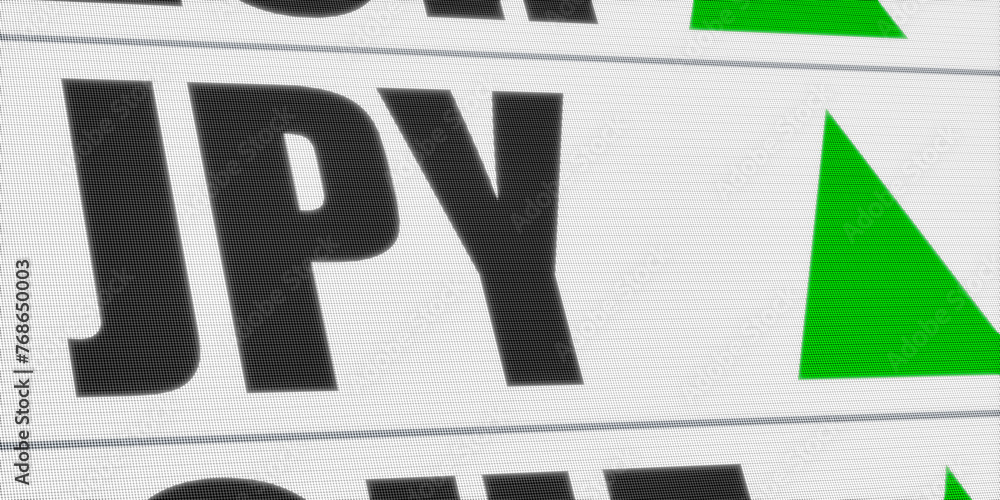 Japanese yen currency symbol and green arrow, rising JPY. Currency exchange, trading, global business. Japanese yen currency symbol and green arrow, rising JPY. Currency exchange, trading, global business.