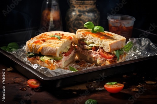 Tasty sandwiches on a plastic tray against a painted brick background