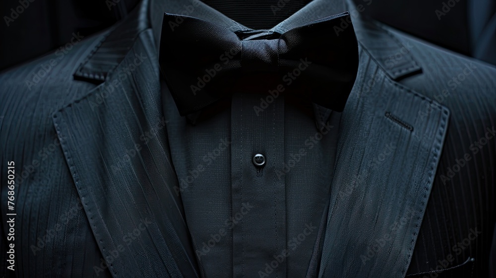 A dark elegant suit with a crisp black bow tie - obrazy, fototapety, plakaty 