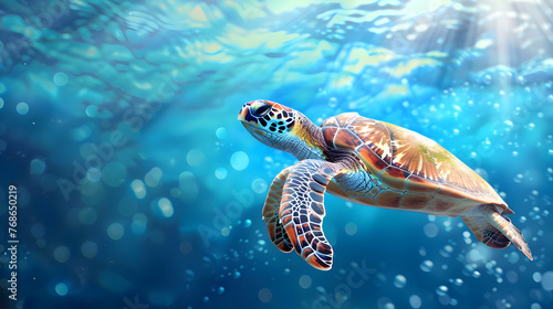 Cute sea turtle swimming in vibrant blue underwater background