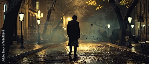 A shadowy figure in elegant attire walking down a dimly lit classic street in the night