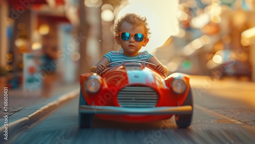 A cool little toddler takes to the streets in a vintage toy car, shades on and ready to roll. © Vladan