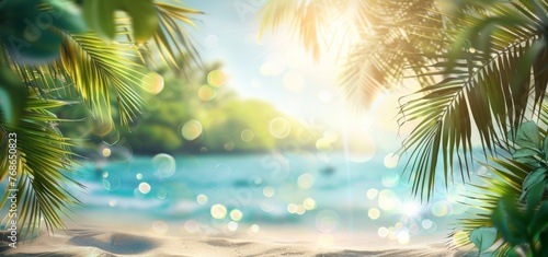 Beautiful blurred background of a sandy tropical beach and sea with palm leaves on a sunny summer day