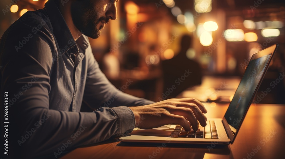 Young man concentrating on laptop, working in a cozy cafe, remote job, student studying online - obrazy, fototapety, plakaty 