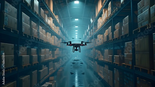 Autonomous Drones Revolutionizing Inventory Management in a Futuristic Warehouse