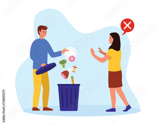 Vector illustration of trashing spoiled food waste. Cartoon scene of a girl objecting to a guy throwing different food into a trash can isolated on white background. Throwing out expired products.