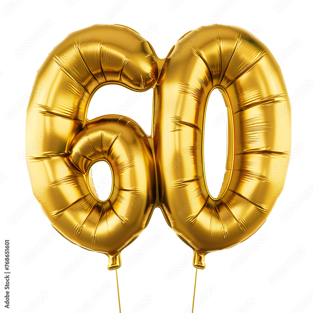 Number 60 Golden Yellow foil balloons isolated on white. Birthday Party, greeting card, Sale, Advertising, Anniversary