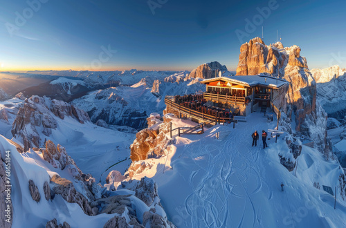 The breathtaking panorama of the Dolomites from Kitzbueghel with its snow-covered peaks, the mountain hut in front and people standing on an elevated platform enjoying the view