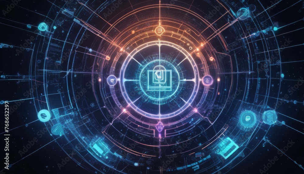 An advanced security interface displayed in a vivid neon blue with a central lock symbol. It symbolizes high-tech cybersecurity and data protection. AI generation An advanced security interface displayed in a vivid neon blue with a central lock symbol. It symbolizes high-tech cybersecurity and data protection. AI generation