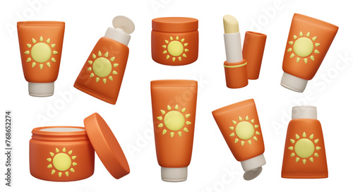 3D SPF sunscreen cosmetic product collection. Set of sun safety skincare makeup, summer UV light protection: sunblock lotion bottle, facial cream jar, sunscreen lipstick 3D vector illustration.