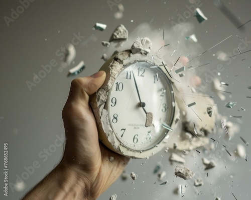 Hand shattering a clock, moments of innovation