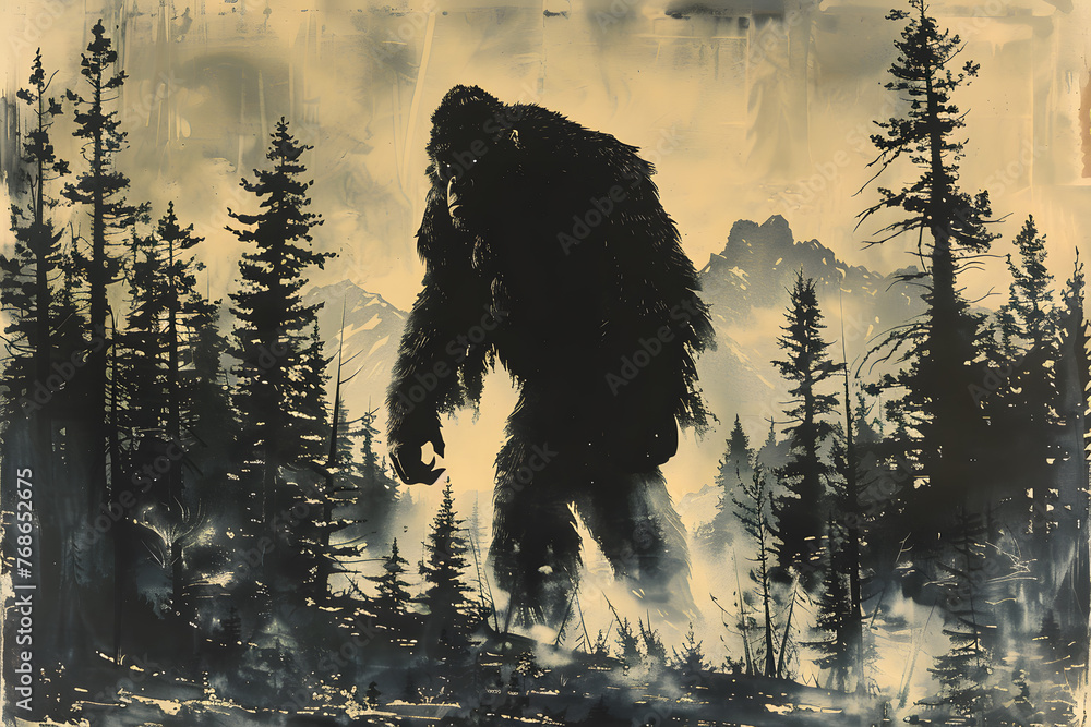 Fototapeta premium Black and white drawing of Bigfoot walking through the forest