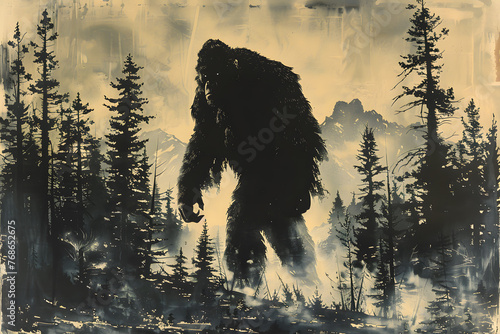 Black and white drawing of Bigfoot walking through the forest photo